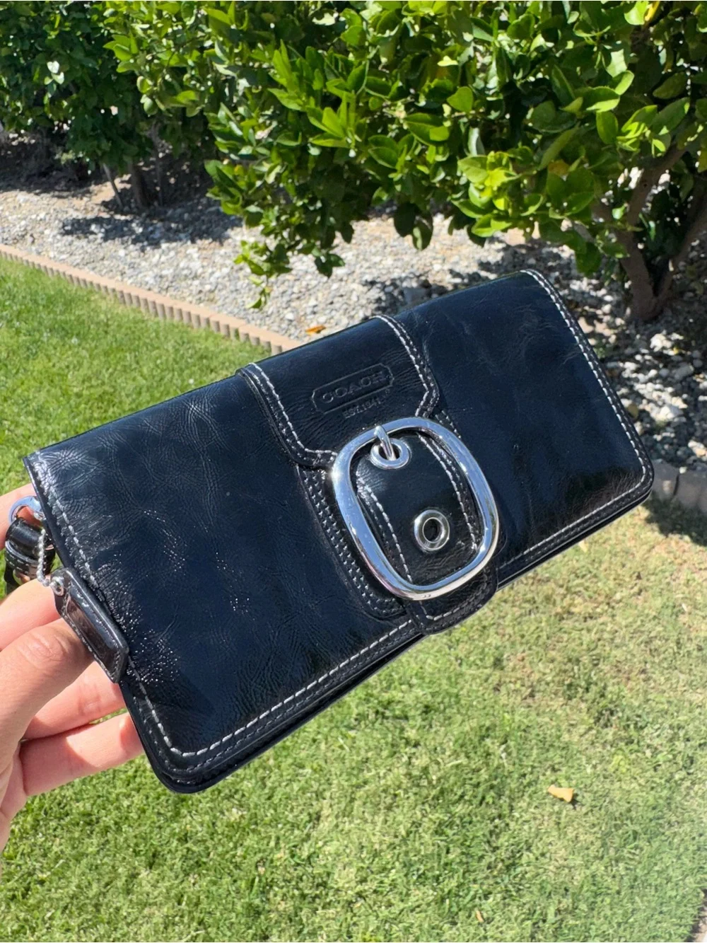 Coach Black Glossy Patent Leather Clutch Wristlet Wallet Silver Buckle Accent